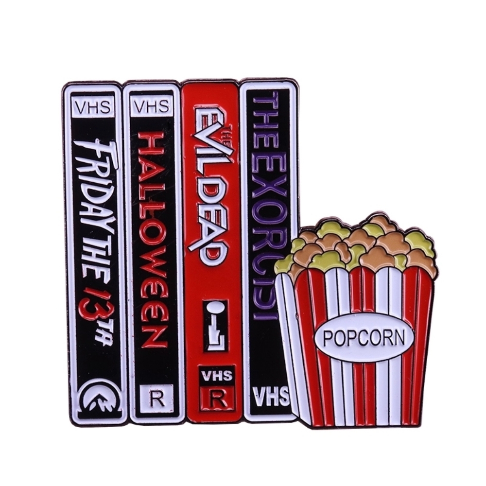 VHS Tapes And Popcorn Enamel Pin Horror Movies